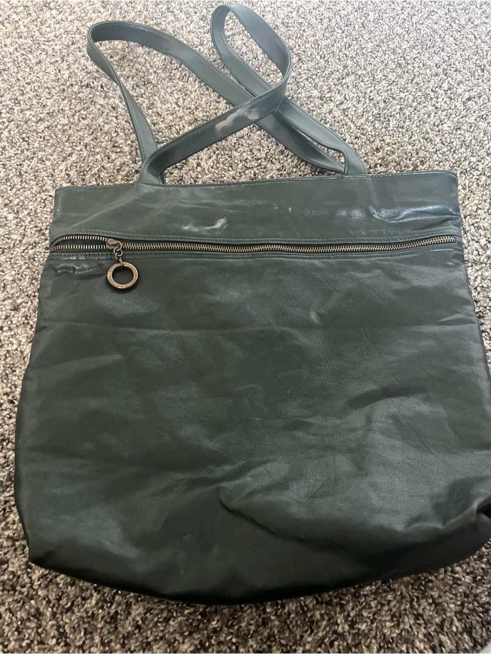 Dark Green Leather Tote with Front Zip
